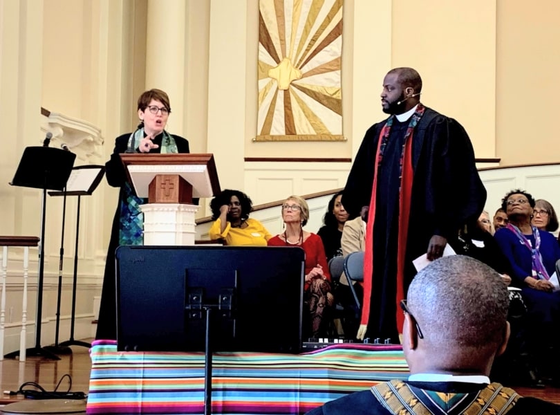 Rev. Pam Emslie preaches at joint Charles St AME and Village Church worship